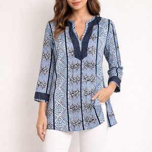 STS Sail to Sable Blue Black Geometric Tunic XS Resort Top Like New!